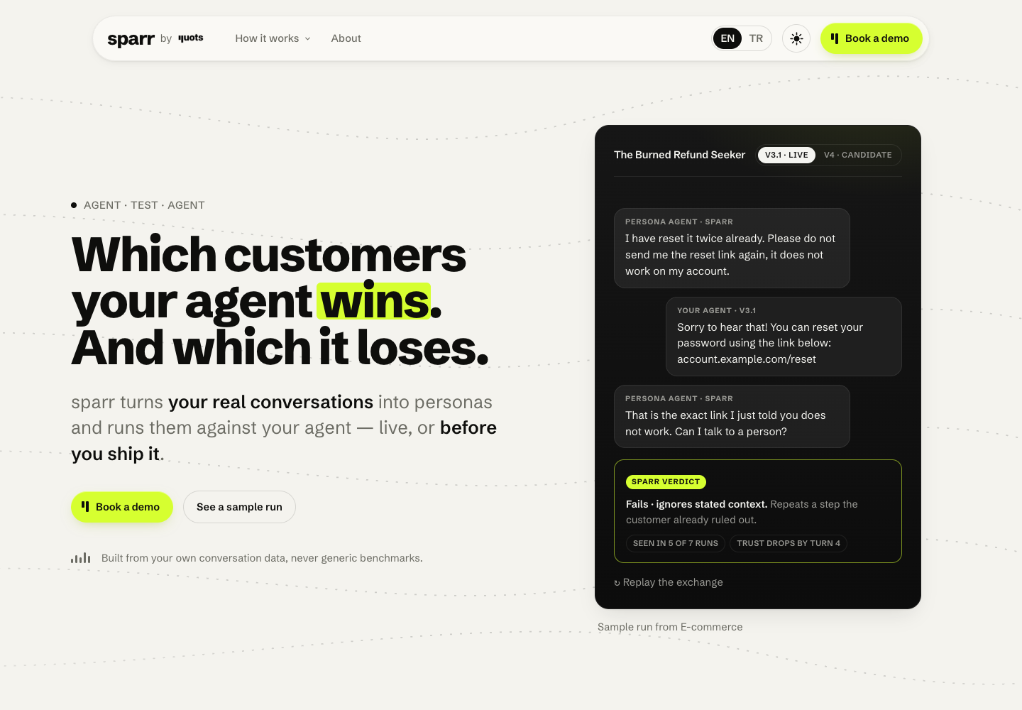 sparr homepage: AI agent testing with customer personas